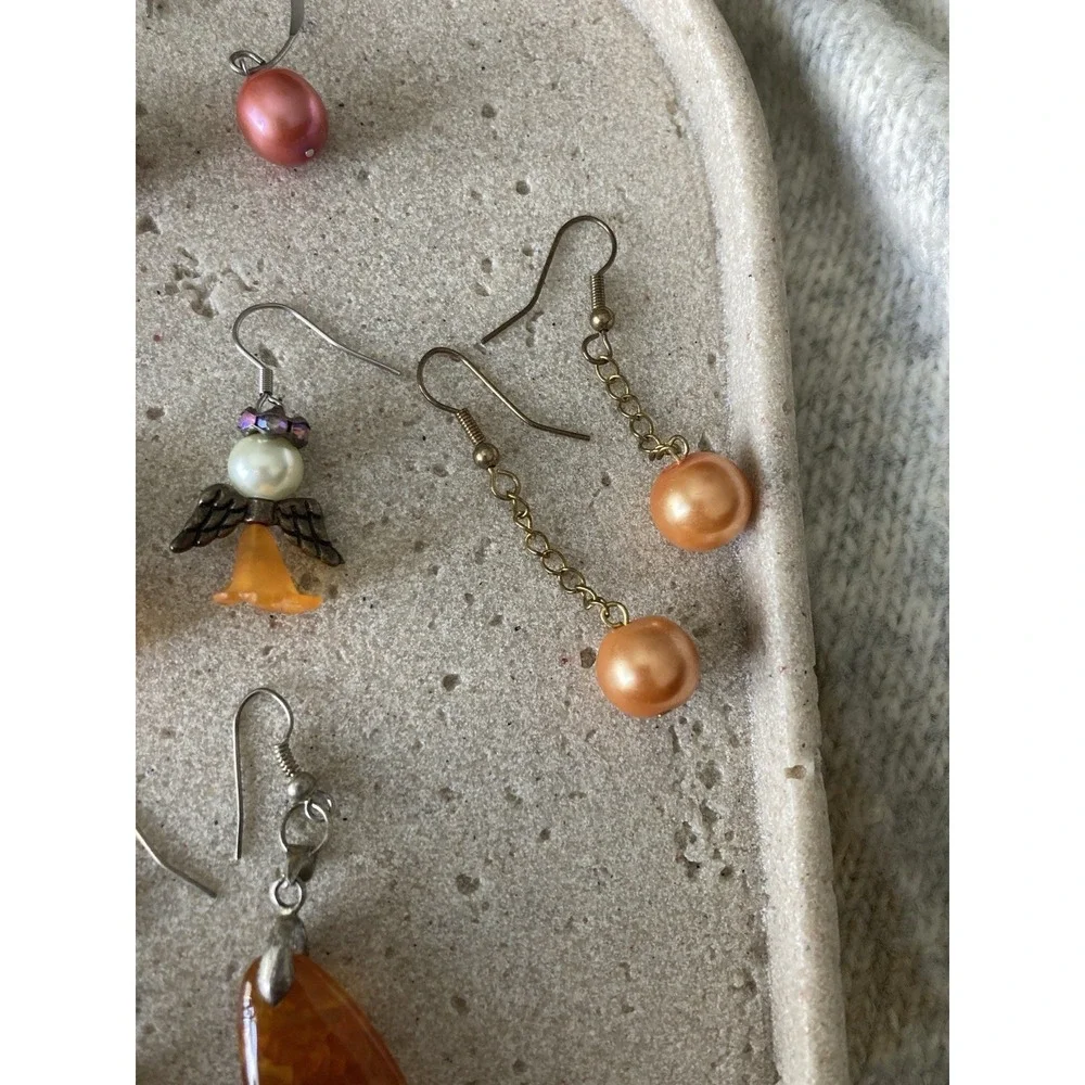 Dangle Earrings Set Of 4 Faux Pearl Angel Artsy Orange Bead Boho Artisan‎ Pink